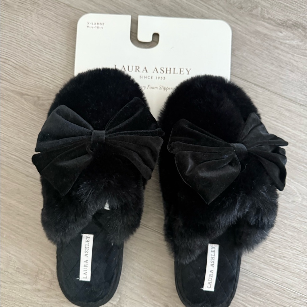 Laura Ashley Women's Plush Black Slippers with Bow